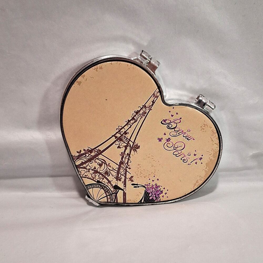 Paris Heart‑Shaped Compact Mirror – Eiffel Tower & Bicycle Design – Unbranded